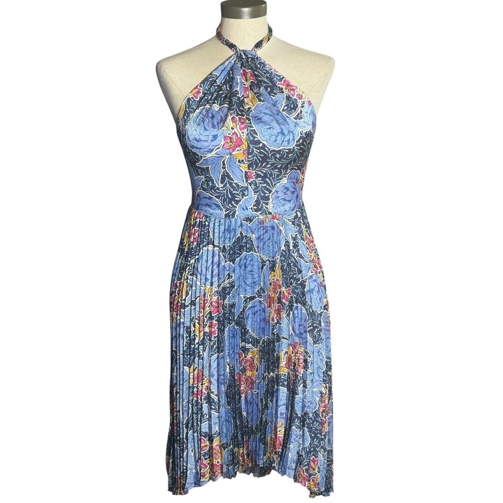 Maggy London Blue Floral Halter Pleated Handkerchief Hem Midi Dress Size 0 - Picture 1 of 8